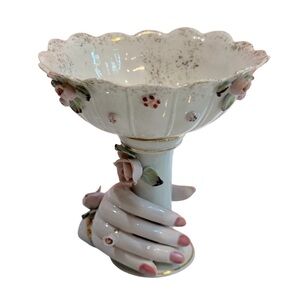 VTG Bone China Porcelain Flowers Compote Bowl‎ Stand with Antique Ladies Hand